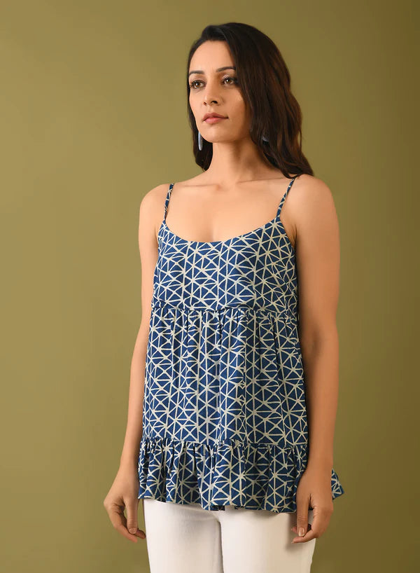 Indigo Dabu Print Tassel Top