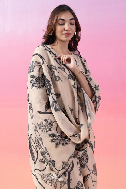 JANHAVI IN CREAM AND GREEN LINEN KURTA SET