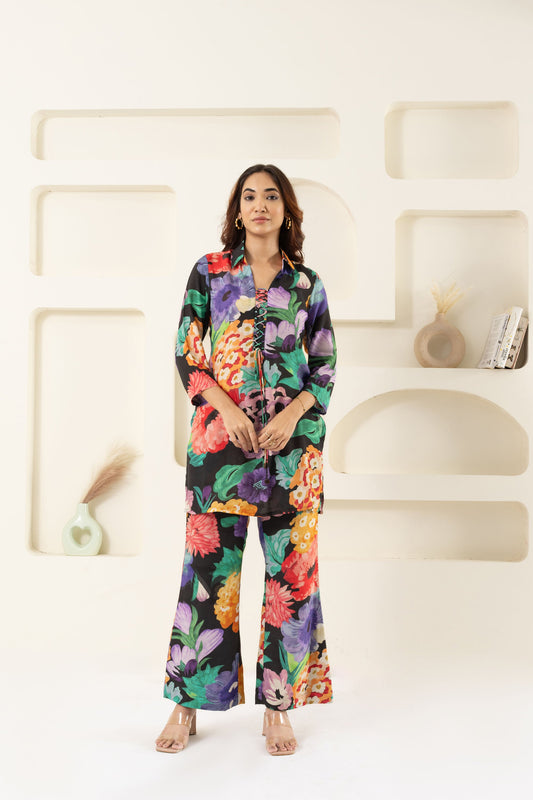 BLACK MYRA FLORAL CO-ORD SET.