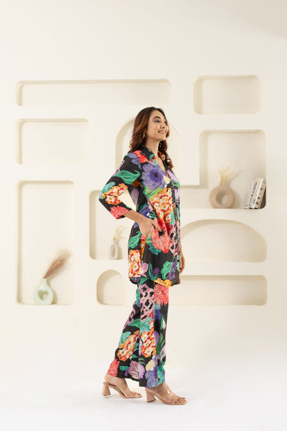 BLACK MYRA FLORAL CO-ORD SET.