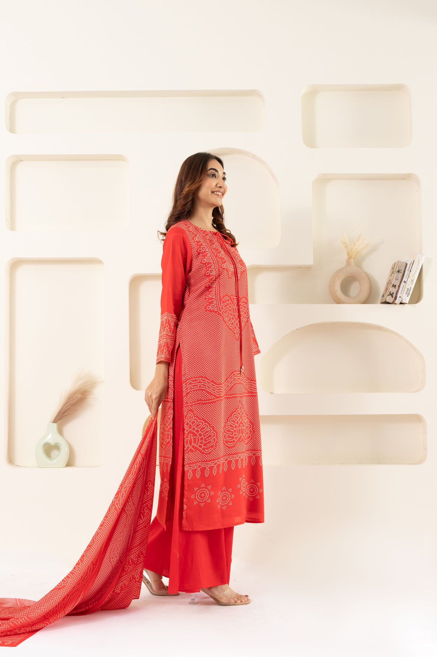 RED BANDHANI KURTA SET