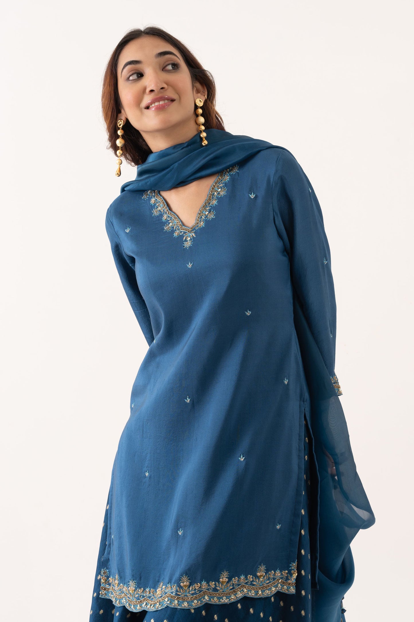 BLUE BOOTI SILK KURTA SET