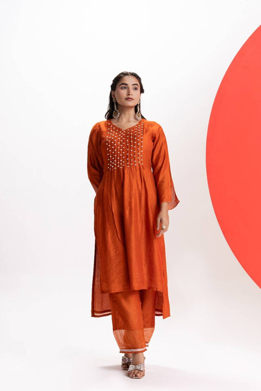 ORANGE PLEATED KURTA PANT