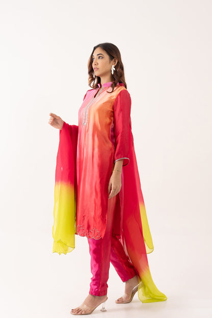 LOTUS EMBROIDERED SHADED KURTA BOTTOM SET