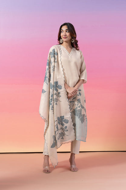 RUMINA MALIK IN CREAM AND GREY COTTON LINEN EMBROIDERED KURTA SET