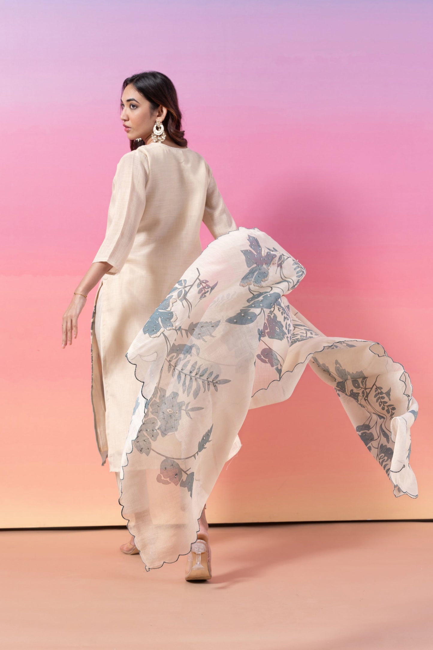 RUMINA MALIK IN CREAM AND GREY COTTON LINEN EMBROIDERED KURTA SET