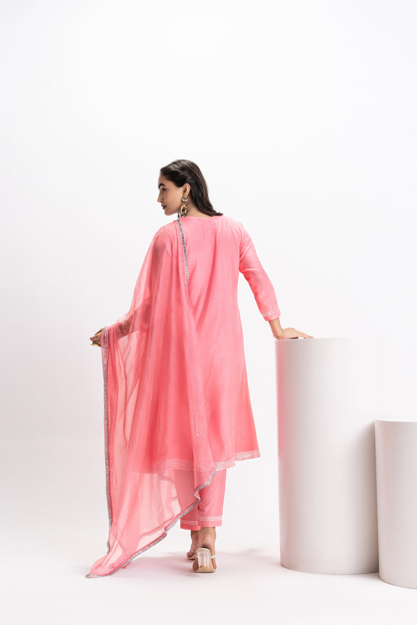 PINK MUSLIN PLEATED KURTA SET