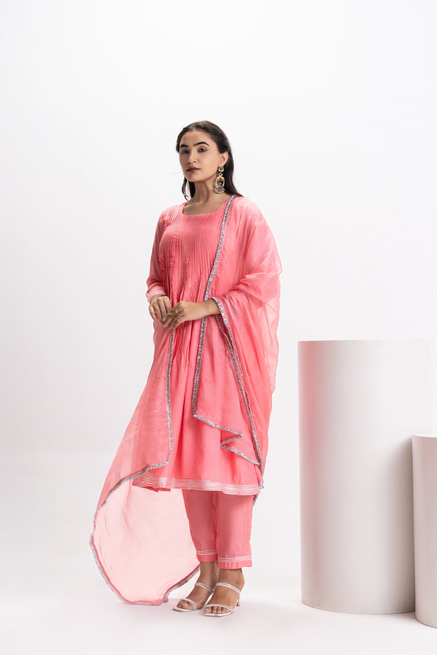 PINK MUSLIN PLEATED KURTA SET