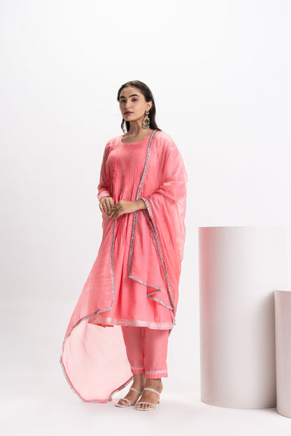 PINK MUSLIN PLEATED KURTA SET
