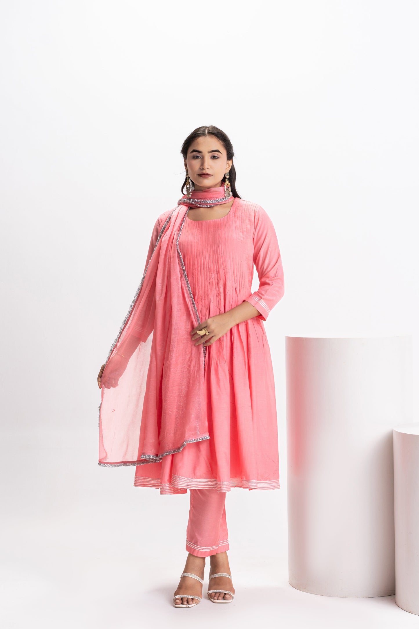 PINK MUSLIN PLEATED KURTA SET