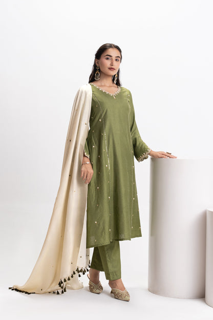 CHANDERI DOUBLE KALI EMBROIDERED KURTA  PANT SET