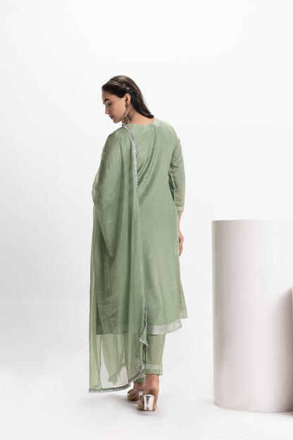 GREEN MUSLIN PLEATED KURTA SET