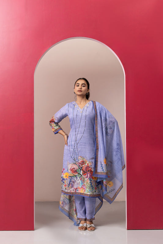 LILAC PRINTED COTTON LINEN KURTA SET
