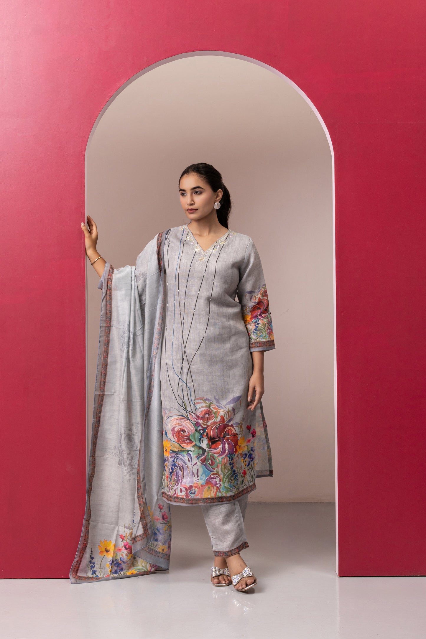 GREY PRINTED COTTON LINEN KURTA SET