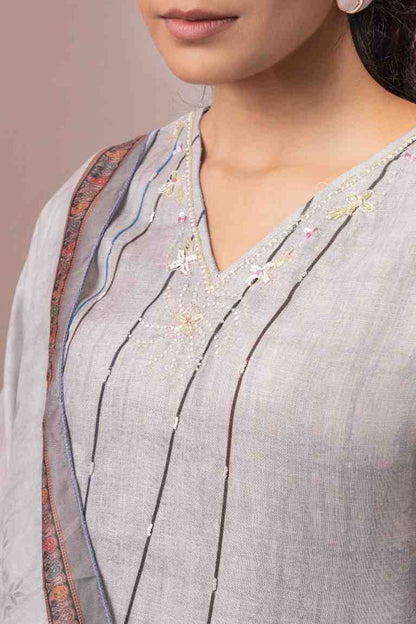 GREY PRINTED COTTON LINEN KURTA SET