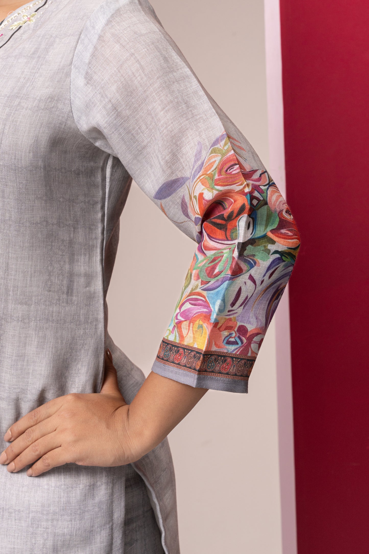 GREY PRINTED COTTON LINEN KURTA SET