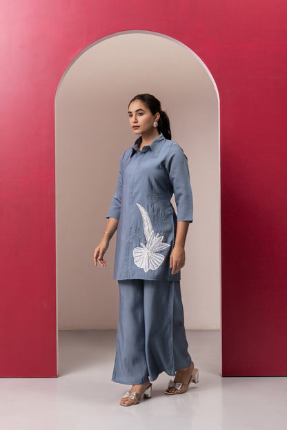 GREY COTTON EMBROIDERD CO-ORD SET