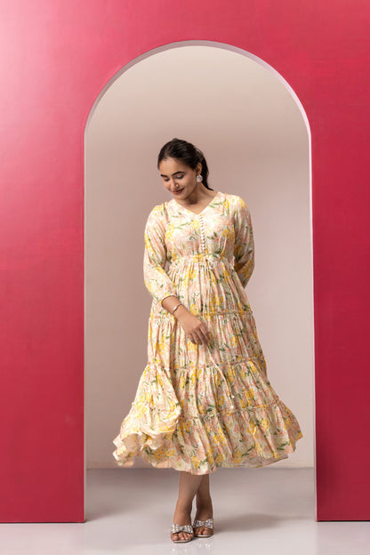 CREAM FLORAL GYPSY DRESS