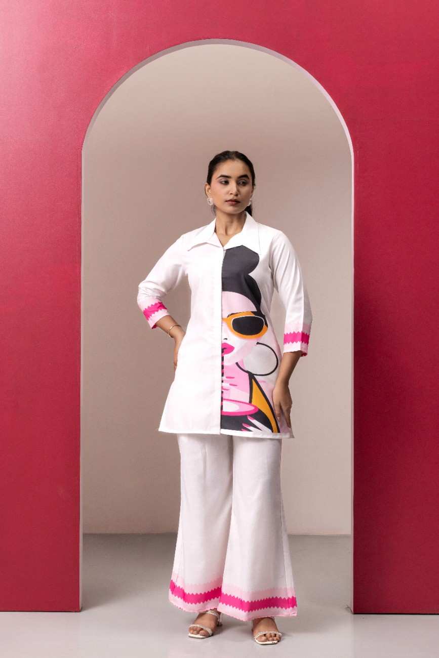 WHITE ABSTRACT PRINTED TOP WITH PLAZO