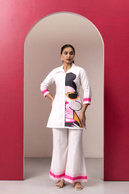 WHITE ABSTRACT PRINTED TOP WITH PLAZO