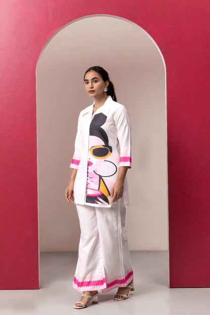 WHITE ABSTRACT PRINTED TOP WITH PLAZO