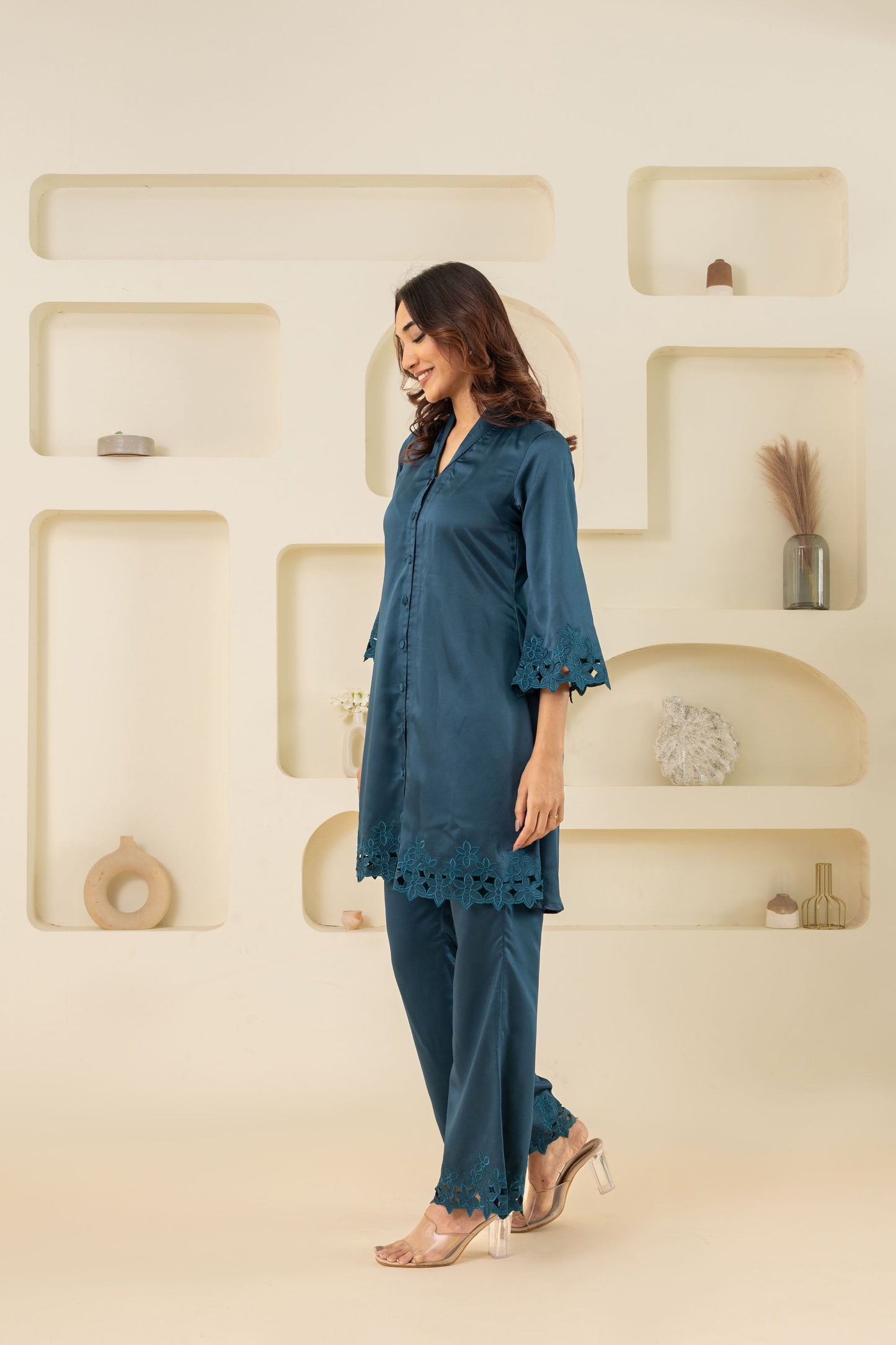 BLUE CUT WORK TUNIC AND BOTTOM SET