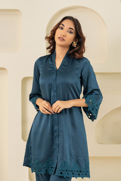 BLUE CUT WORK TUNIC AND BOTTOM SET