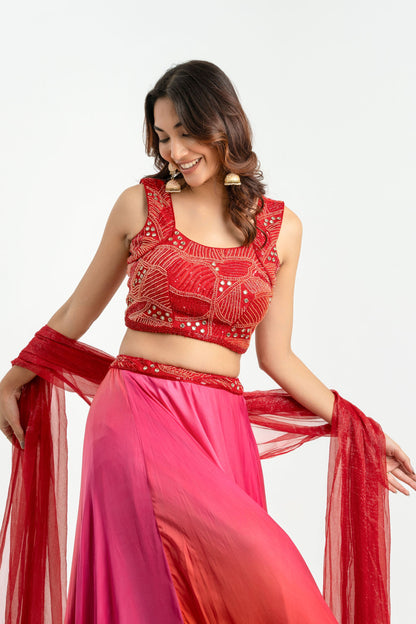 RED SHADED LEHNGA SET