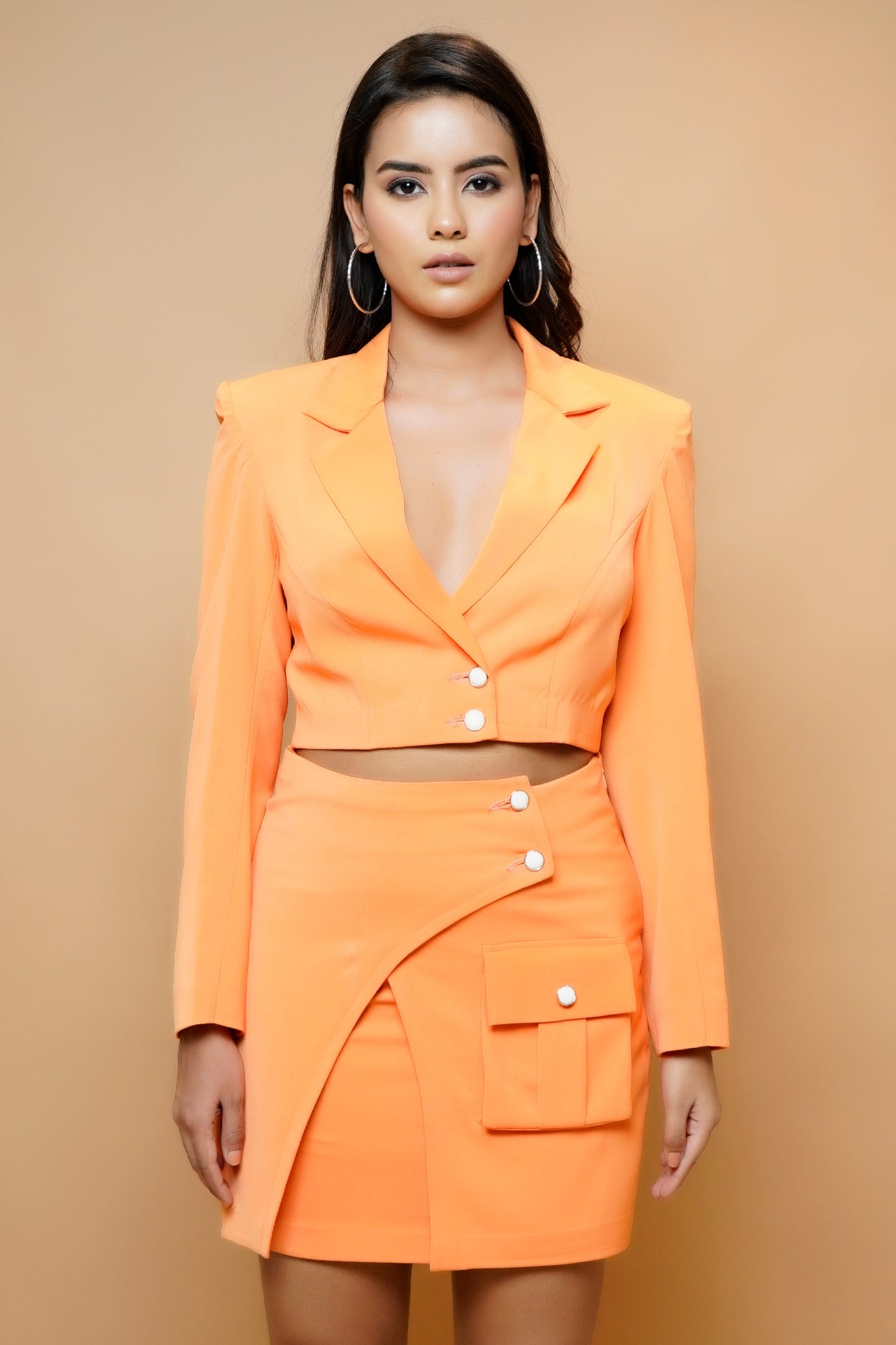 Orange Short Coat And Overlap Skirt Set