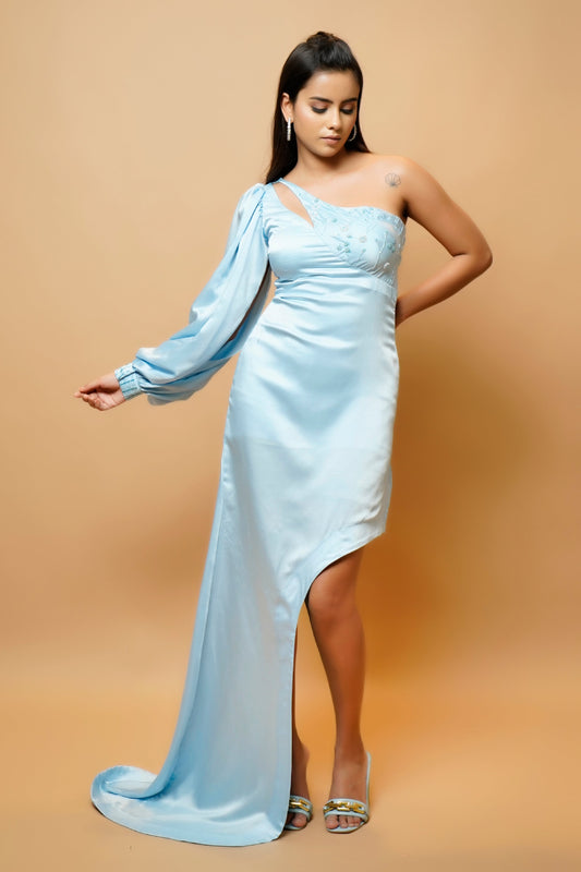 Baby Blue Sheath One-Shoulder Sleeve Tail Dress