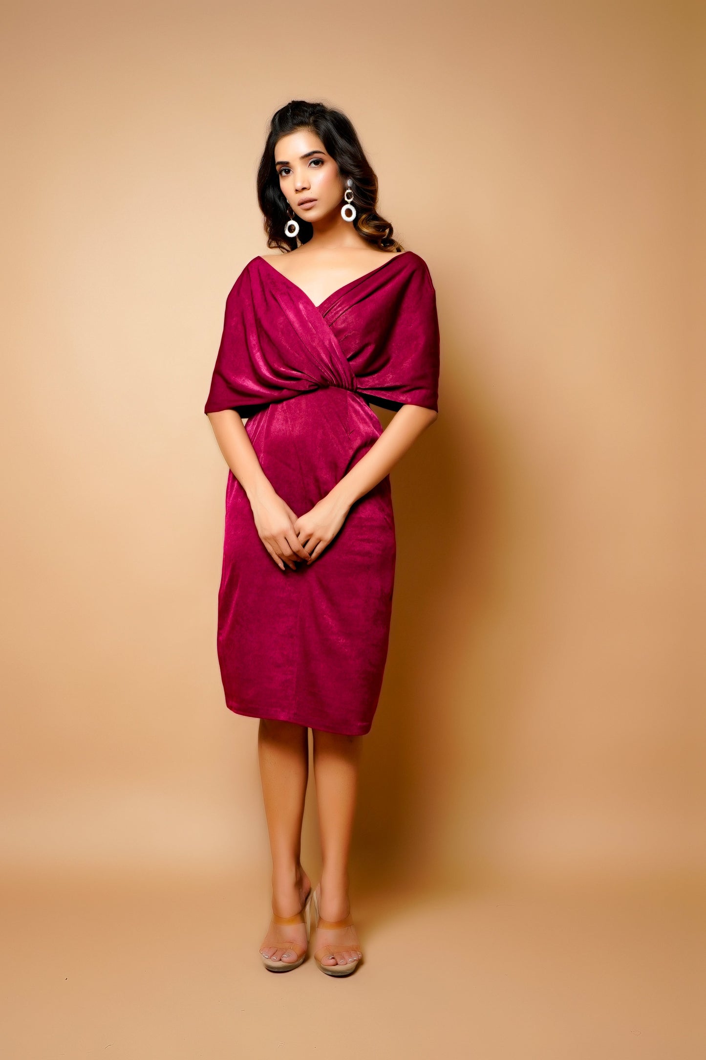 Magenta  Velvet Wrap Neck Midi