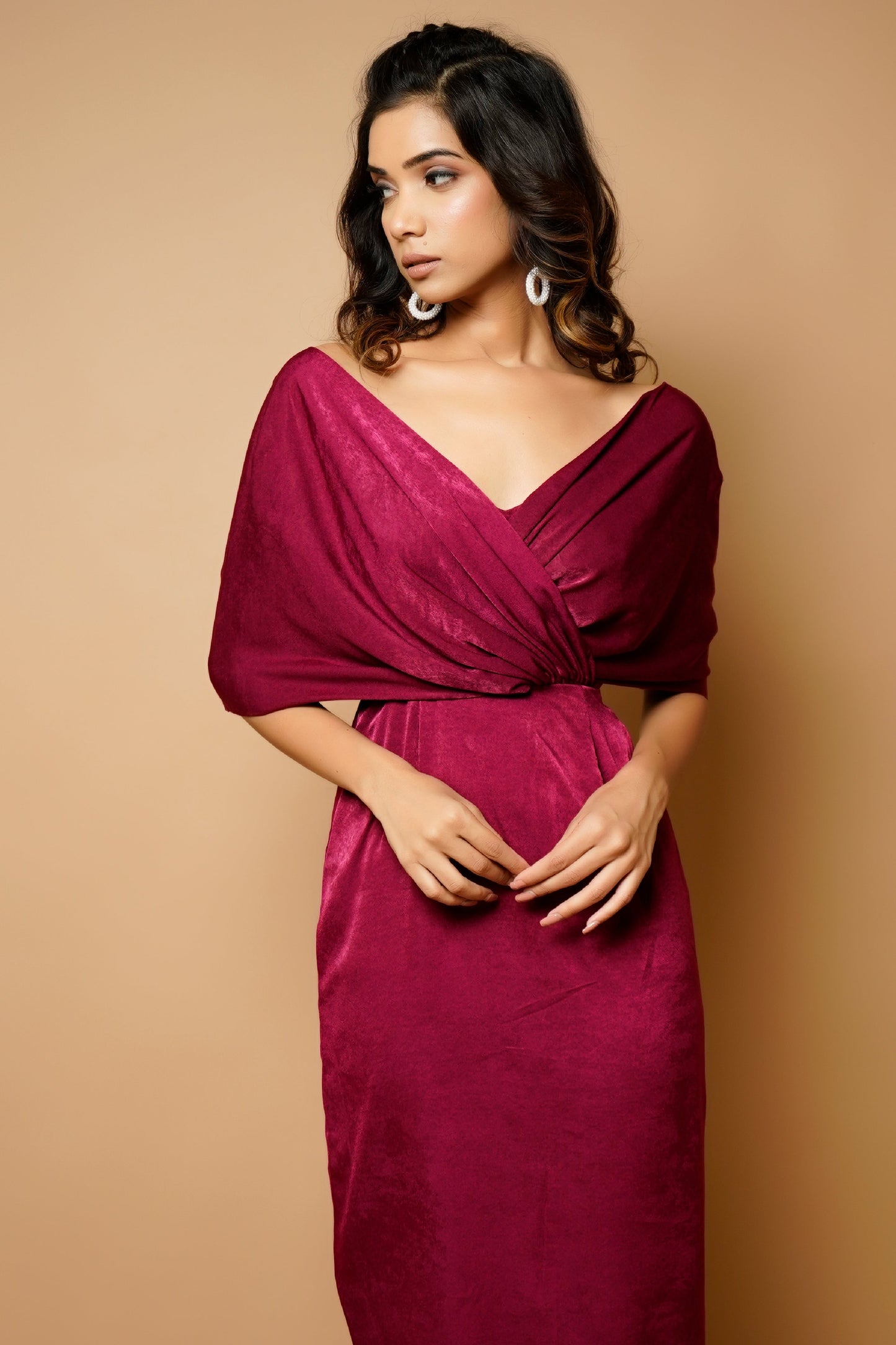 Magenta  Velvet Wrap Neck Midi