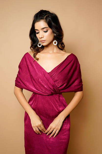 Magenta  Velvet Wrap Neck Midi
