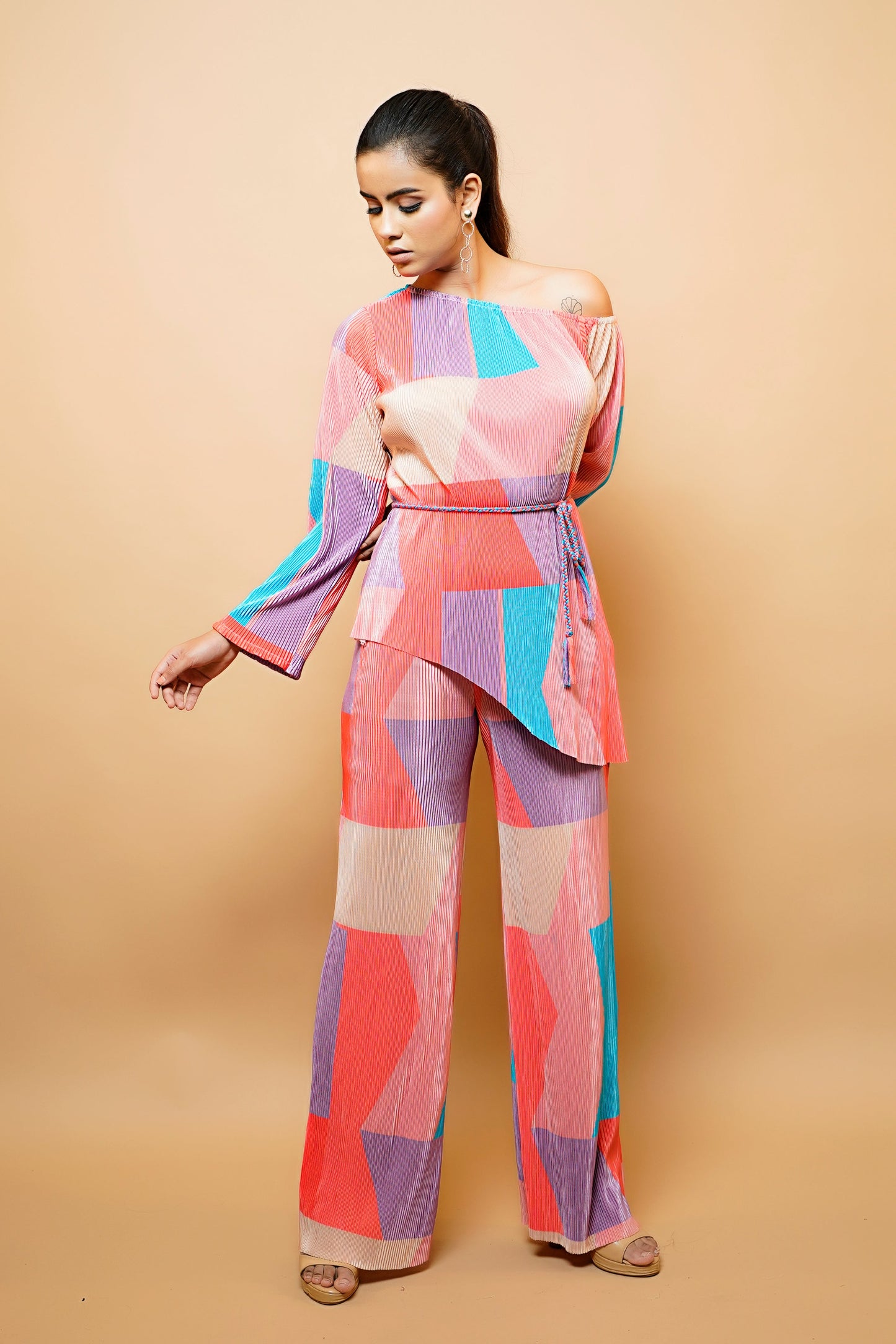 Multicolour Crushed Co-Ord With Belt