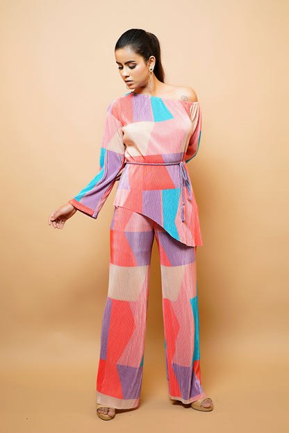 Multicolour Crushed Co-Ord With Belt