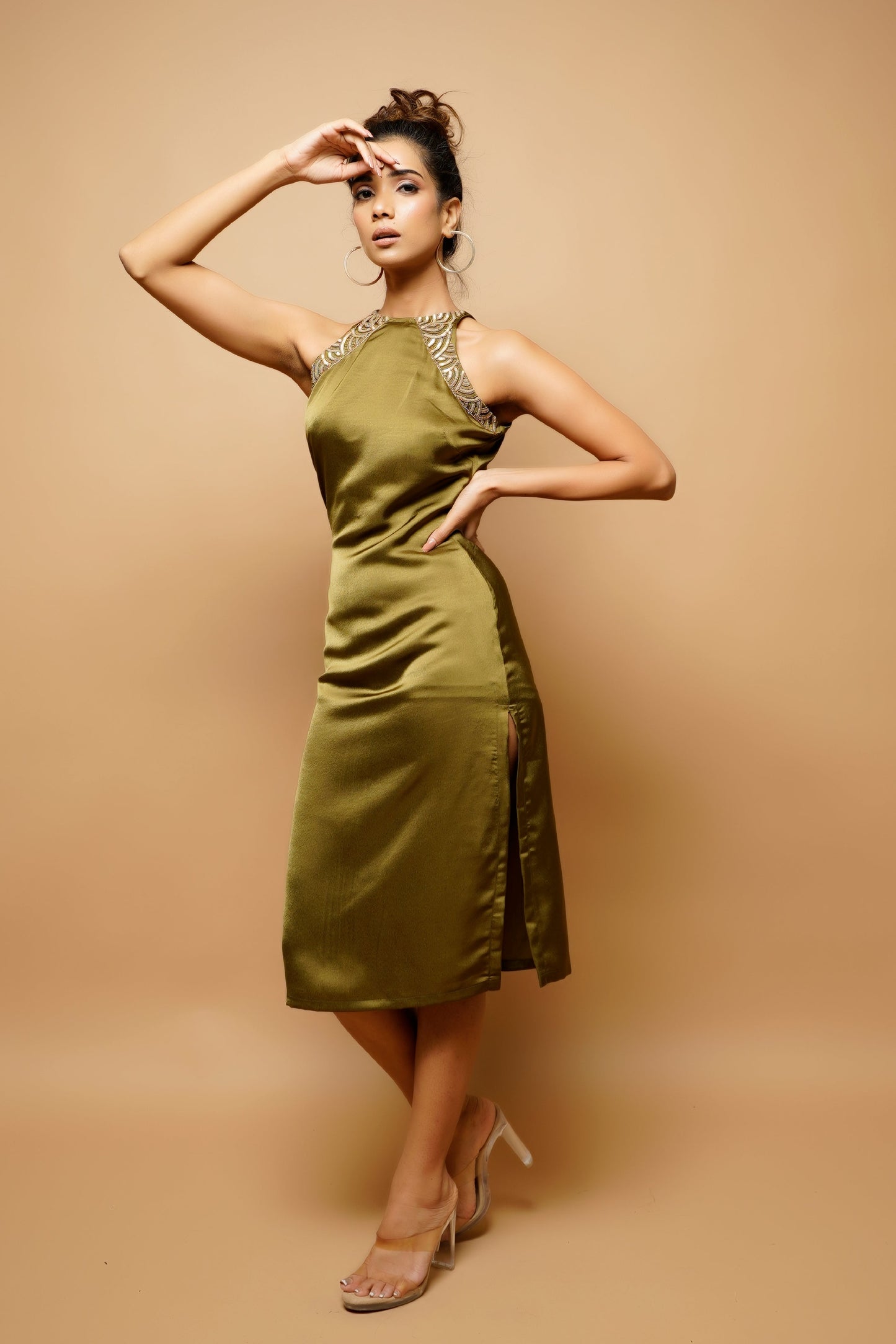 Olive Green Halter Neck Sheath Dress