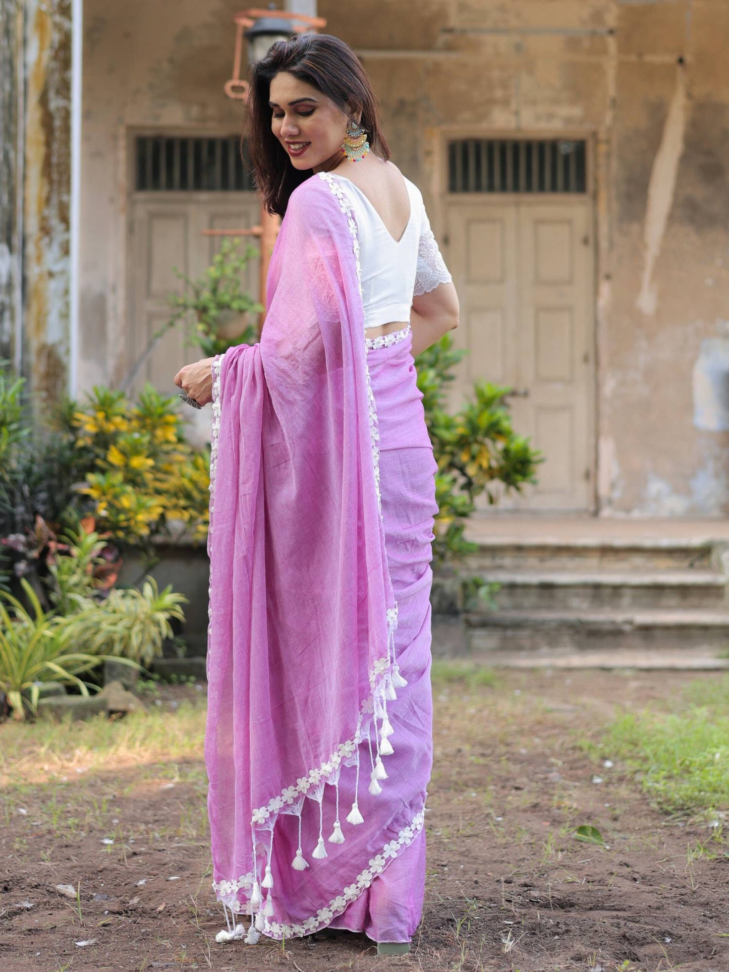 Violet flower lace cotton saree with blouse