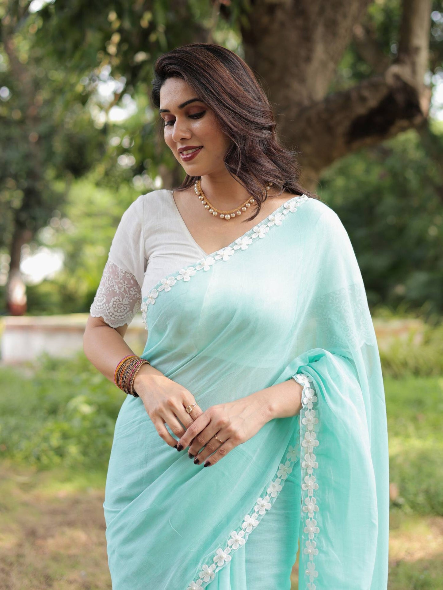 Green Rose flower lace cotton saree with blouse