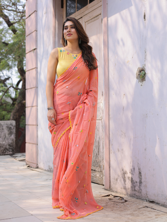 Ganik peach embroidered saree with blouse