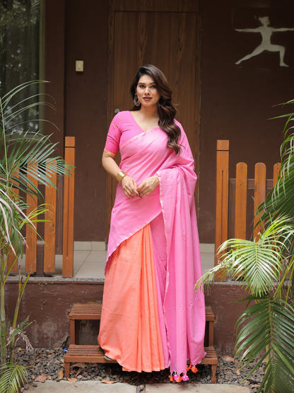 Flamingo dual color cotton saree with blouse