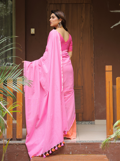 Flamingo dual color cotton saree with blouse