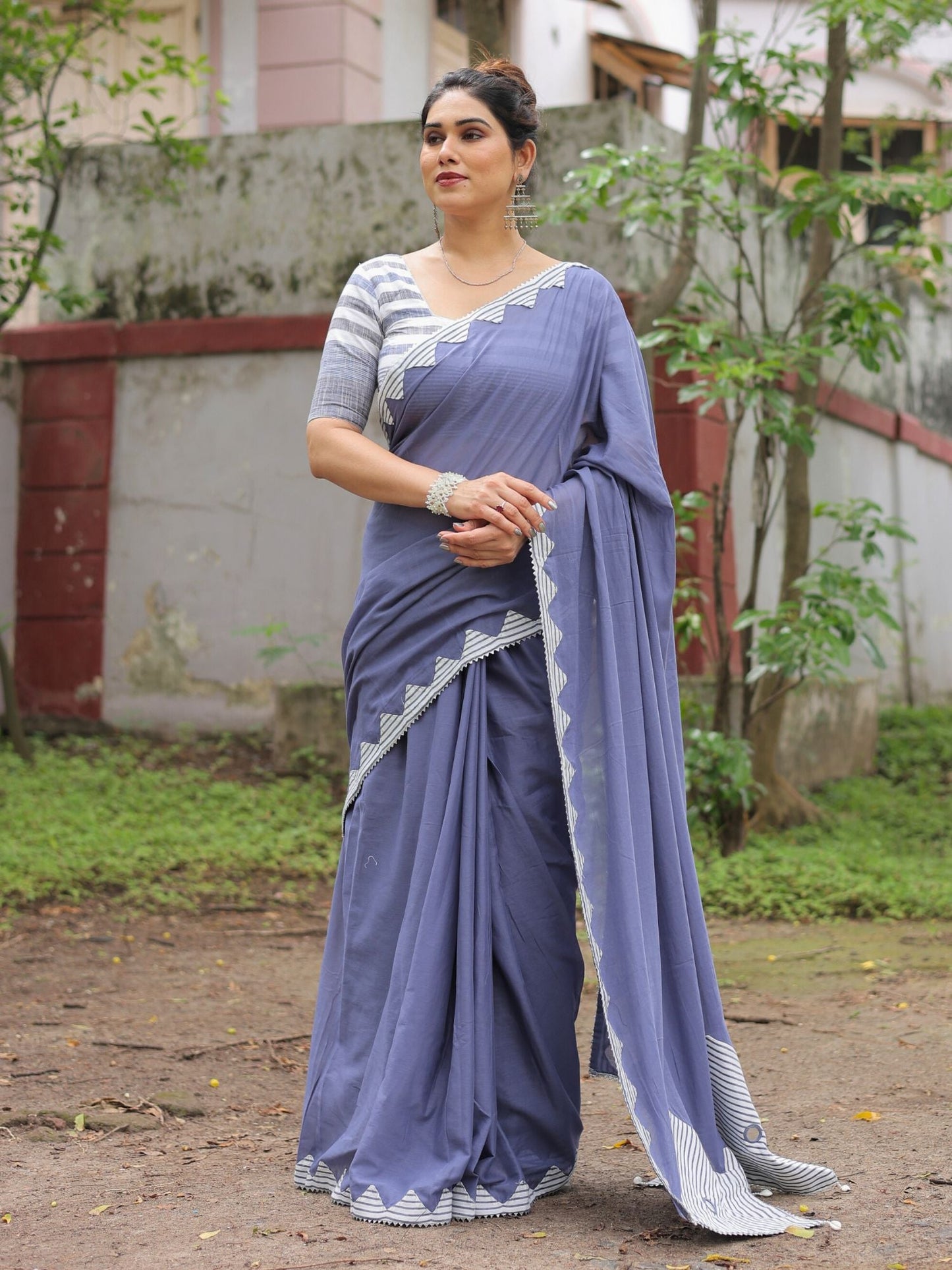 Dusty blue cotton hand applique saree with blouse
