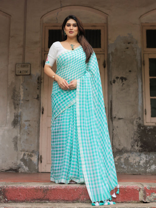 Green gamcha checks cotton saree with applique blouse