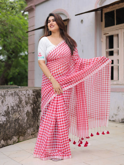 Red checks mul cotton saree with applique blouse