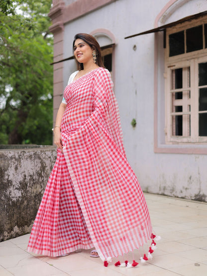 Red checks mul cotton saree with applique blouse