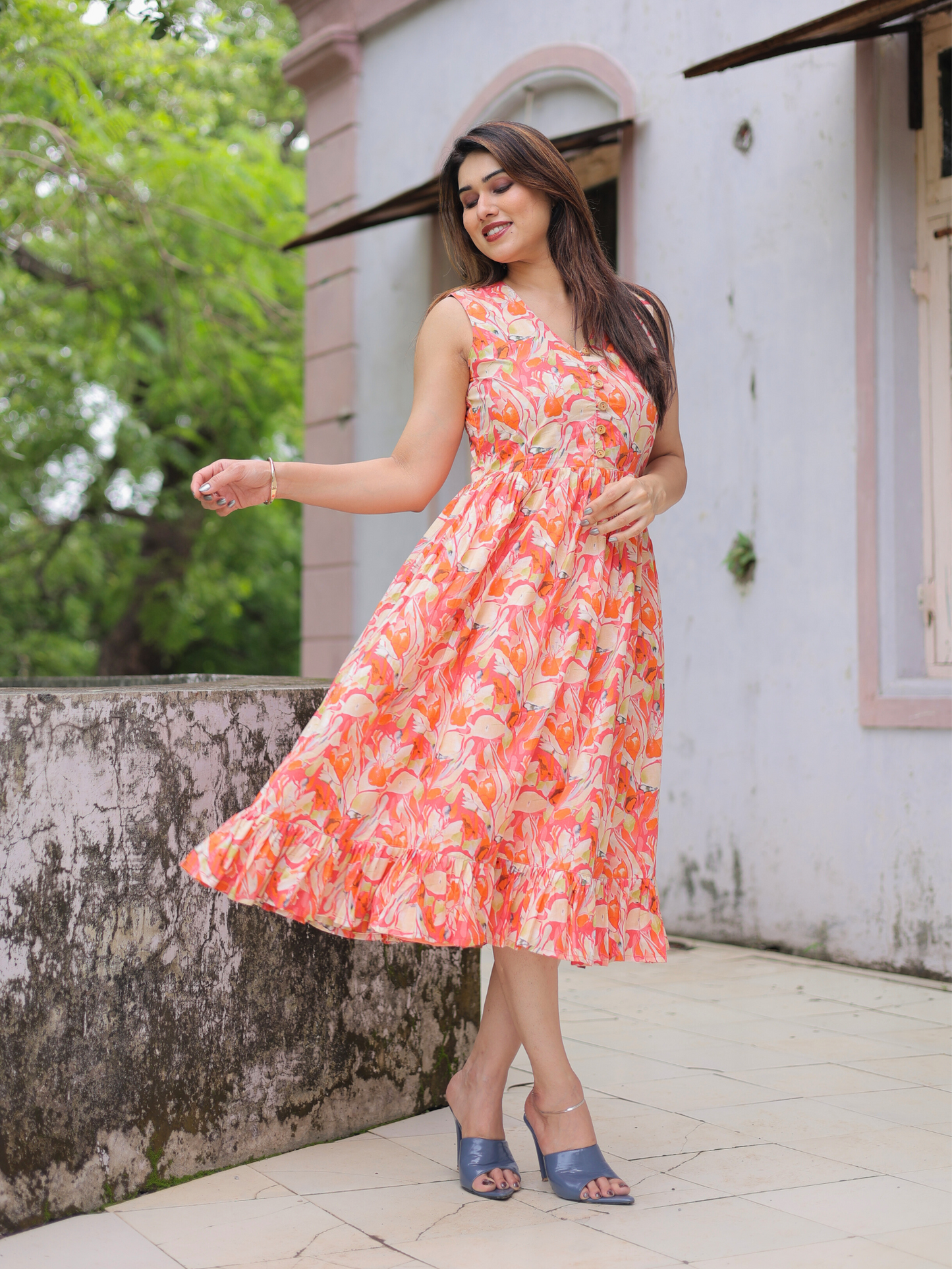 Orange bloom floral cotton dress