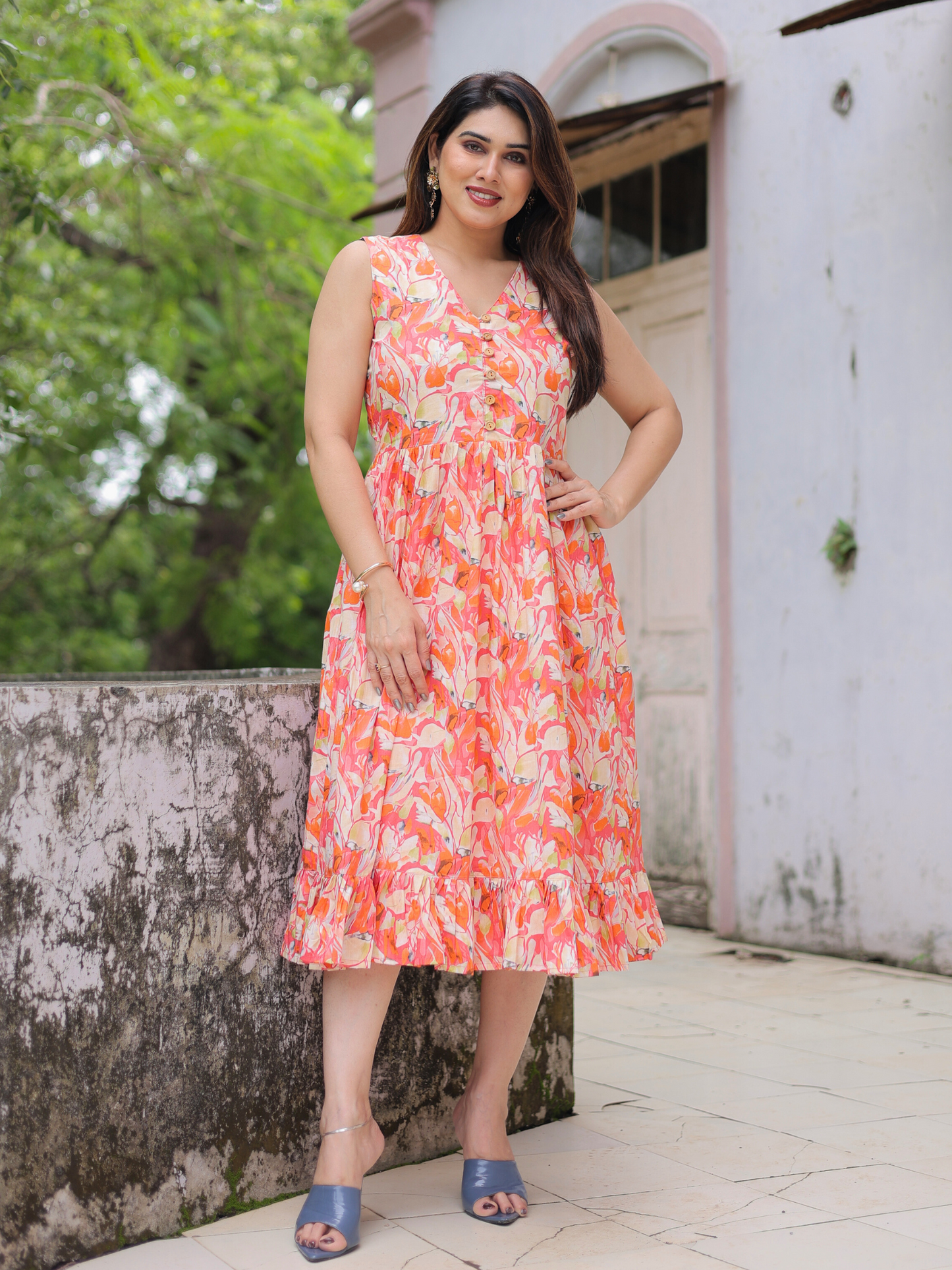 Orange bloom floral cotton dress