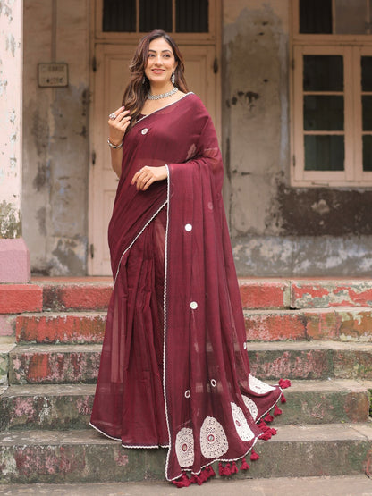 Bulbul- maroon crochet work cotton saree with blouse