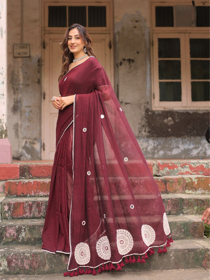Bulbul- maroon crochet work cotton saree with blouse