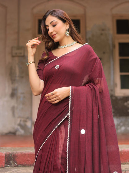 Bulbul- maroon crochet work cotton saree with blouse